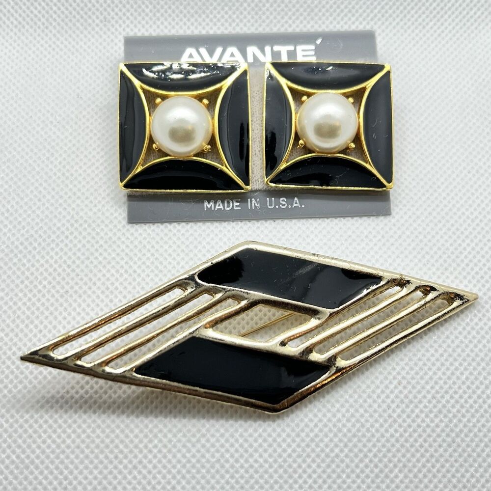 VTG Avante 1980s Gold Trimmed Black Diamond/SQ w/Pearl Pierced Earring/Coord Pin
